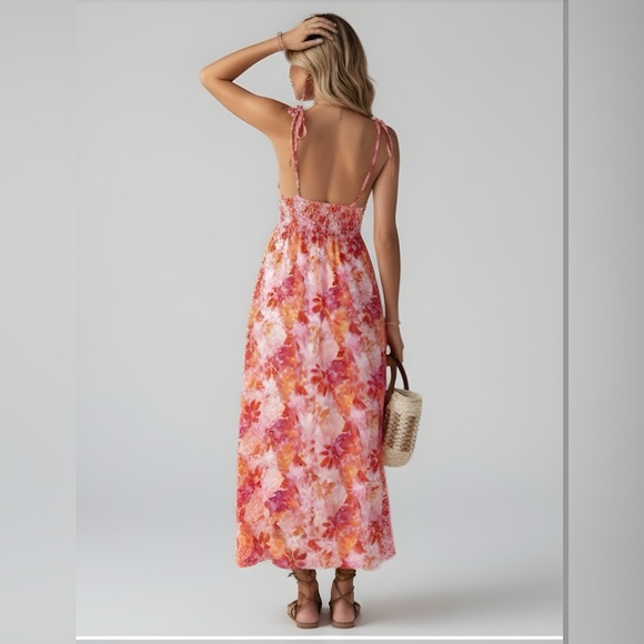 Boho Floral Print Knot Shoulder Shirred Cami Dress - Picture 4 of 7